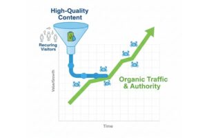 İçerik Pazarlaması & SEO Uyumlu Blog Yazısı 1 İçerik Pazarlaması & SEO Uyumlu Blog Yazısı Kaliteli içeriğin arama motoru botları ve organik trafik artışı üzerindeki uzun vadeli etkisini gösteren akış şeması.