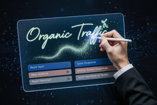 İçerik pazarlaması ile SEO uyumlu blog yazısı birleşmesini ve organik trafik akışını gösteren dijital görsel.